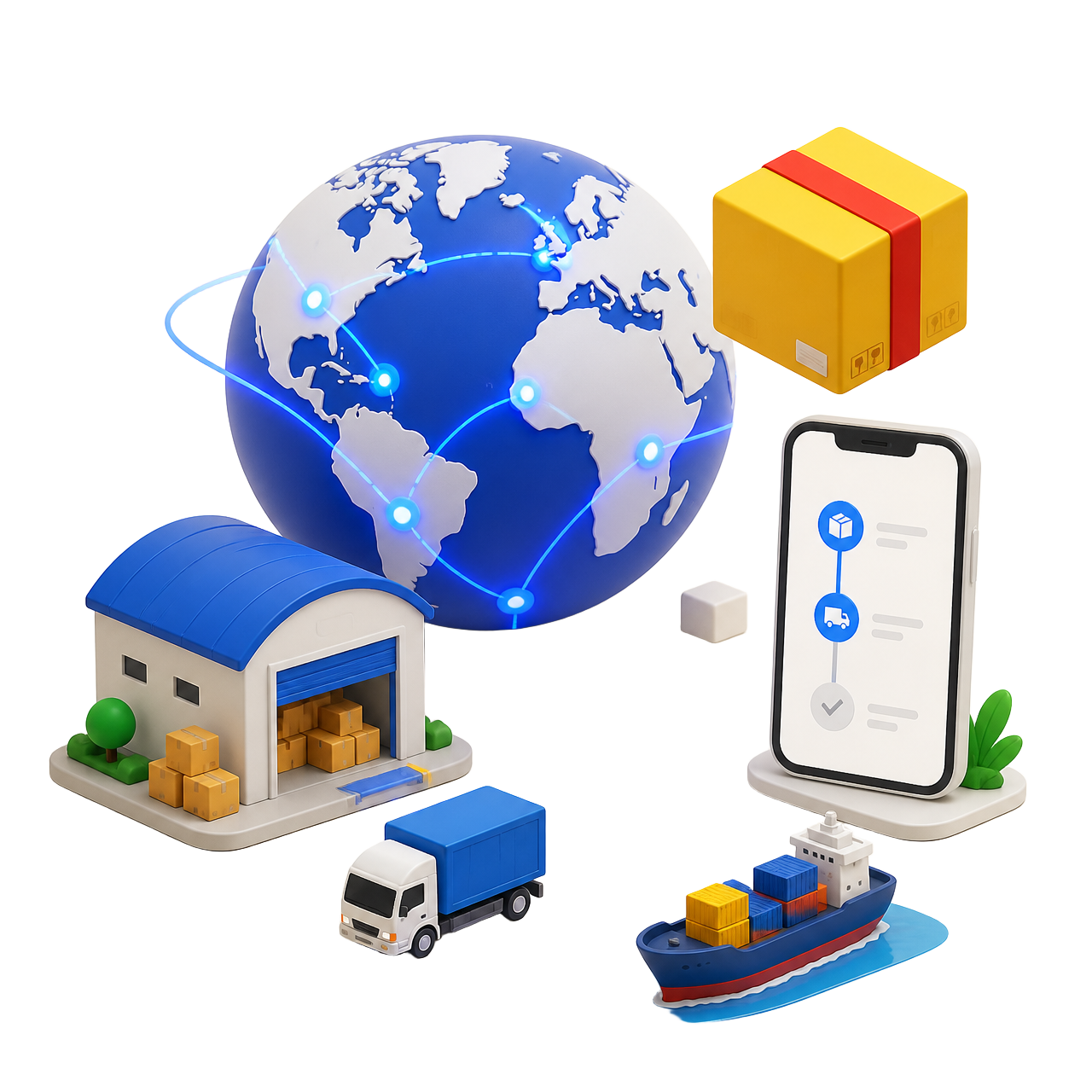 Smart logistics network with globe, parcels, warehouse and app